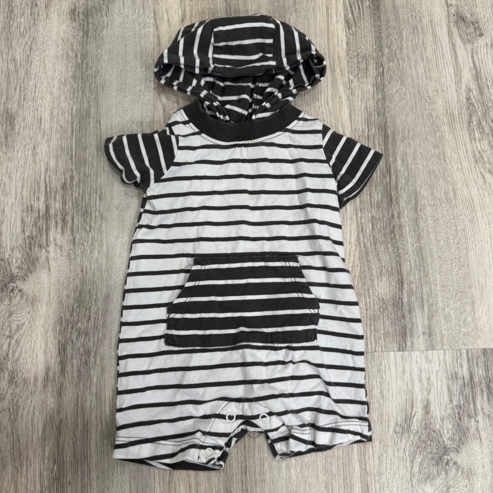 Carters Baby Boys Striped Hooded Romper Charcoal White 6M Short Sleeve One Piece